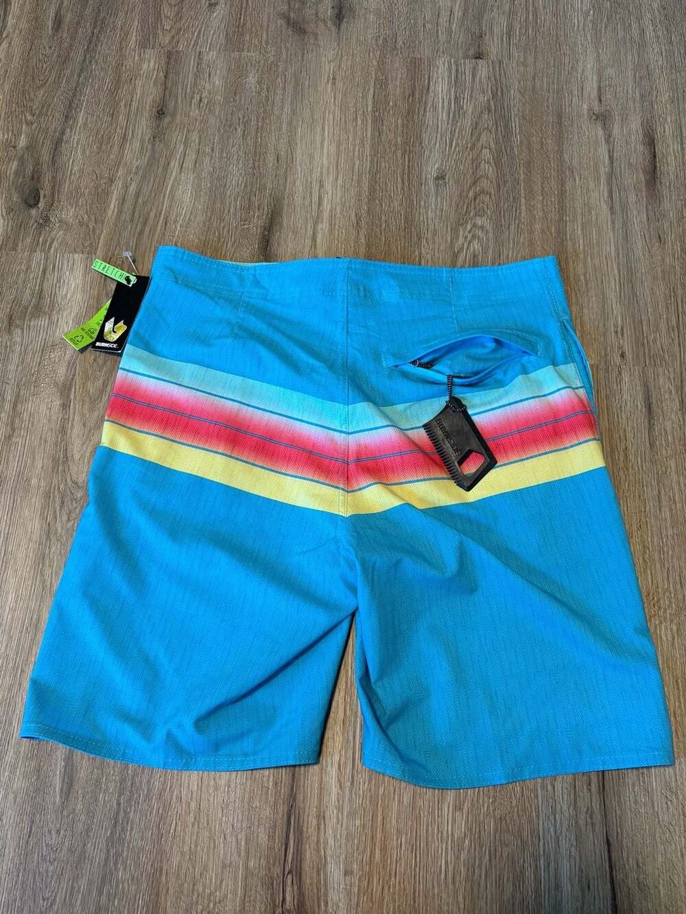 Burnside Men 30 Boardshorts Swim Trunk Turquoise Blue Rainbow Stripe NWT Comb
